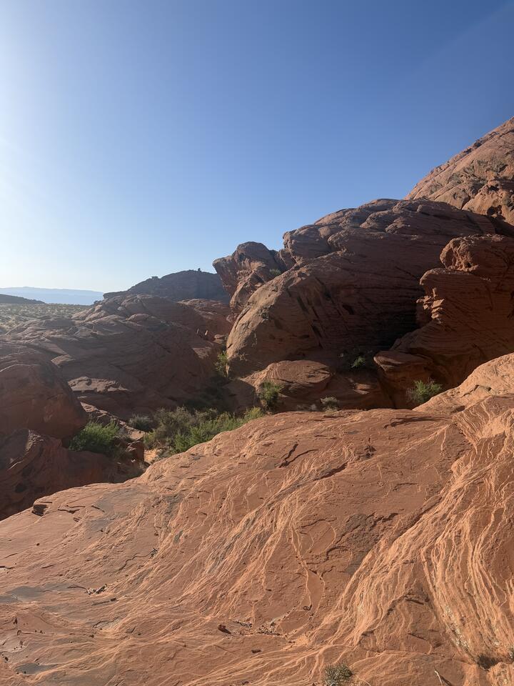 A desert landscape under a deep blue cloudless sky. Smooth, rounded mounds of red-orange sandstone fill the foreground and rise toward darker rock outcrops on the right, with sparse green brush and distant hazy mountains on the left horizon.